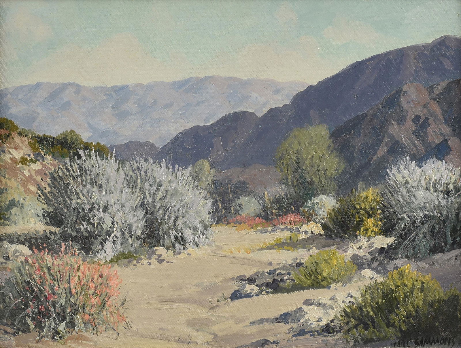 CARL SAMMONS (American 1883-1968) A PAINTING, "Desert: CARL SAMMONS (American 1883-1968) A PAINTING, "Desert Landscape," oil on canvas board, signed L/R. 11 3/8" x 15" Provenance: Property from a Corporate Art Collection