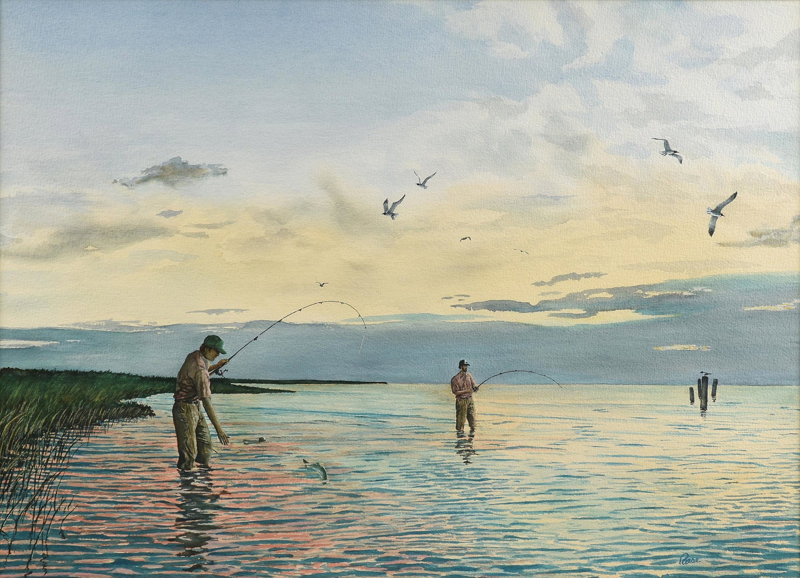 attributed to HERB BOOTH (American/Texas 1942-2014) A: attributed to HERB BOOTH (American/Texas 1942-2014) A PAINTING, "Fishing at Sunrise," watercolor on paper, signed L/R. 20 1/2" x 28 1/4"