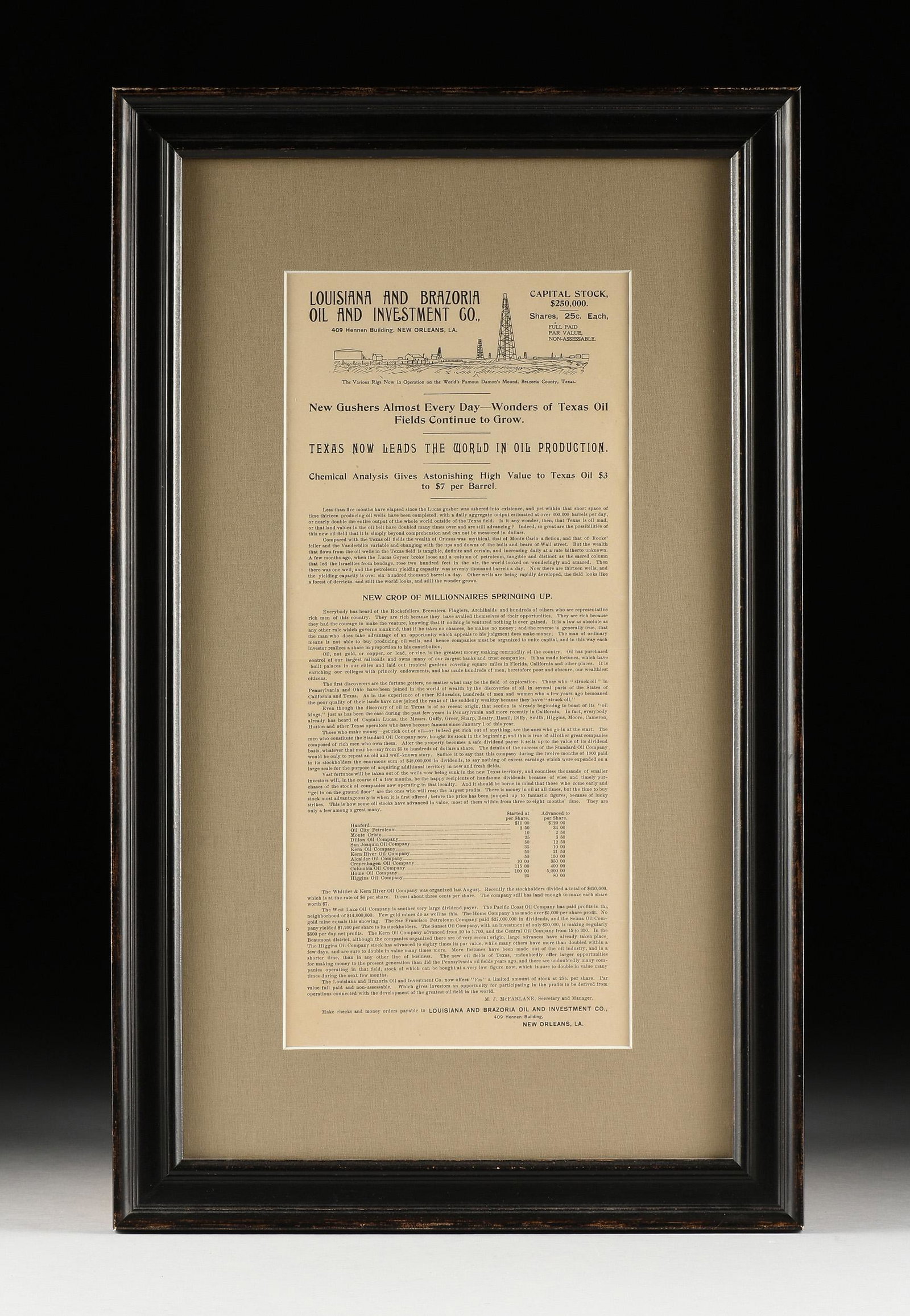 A TEXAS GUSHER AGE SPINDLETOP ADVERTISEMENT, "Louisiana: A TEXAS GUSHER AGE SPINDLETOP ADVERTISEMENT, "Louisiana and Brazoria Oil and Investment Co.," NEW ORLEANS, MAY 1901, lithograph on paper, "Capital Stock $250,000. Shares .25c.," with landscape view of
