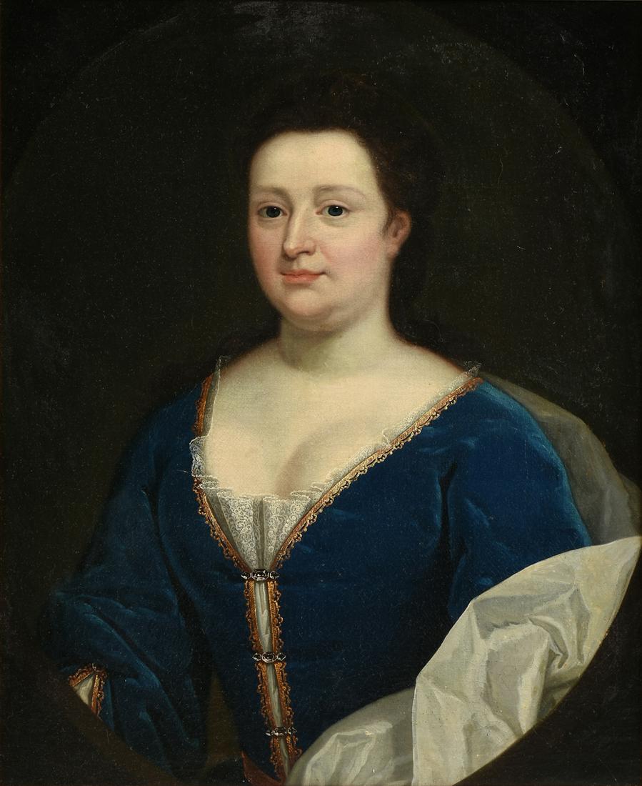 ENGLISH SCHOOL, A PAINTING, "Half Length Portrait of a: ENGLISH SCHOOL, A PAINTING, "Half Length Portrait of a Lady in Blue," 17TH/18TH CENTURY, oil on canvas, the sitter with a cheery countenance wears a blue velvet overcoat with gilt couched thread broca