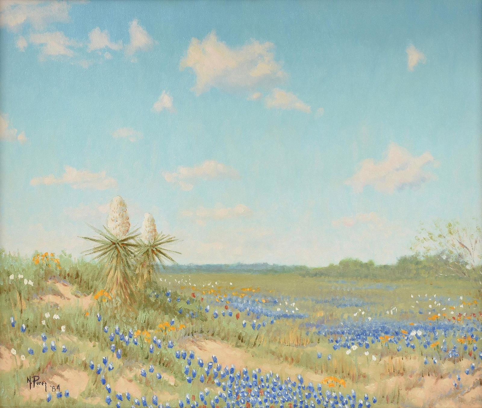 NOE PEREZ (American/Texas b. 1958) A PAINTING, "Texas: NOE PEREZ (American/Texas b. 1958) A PAINTING, "Texas Bluebonnets, Yucca, and Paintbrushes," 1984, oil on canvas, signed and dated L/L, "N. Perez '84." 20" x 24"