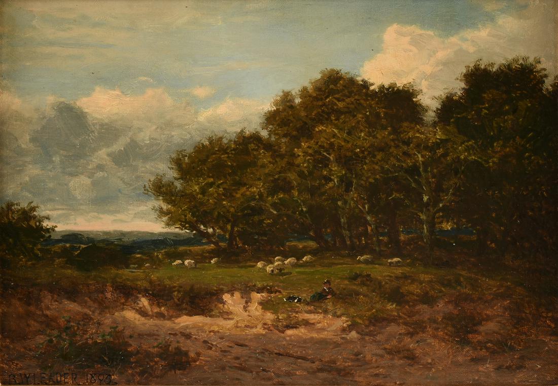 BENJAMIN WILLIAMS LEADER (English 1831-1923) A: BENJAMIN WILLIAMS LEADER (English 1831-1923) A PAINTING, "A Surrey Pastoral," oil on canvas, signed L/L, "B. W. Leader 1893," and signed and dated on stretcher verso. 10" x 14" Note: Suffolk sheep.