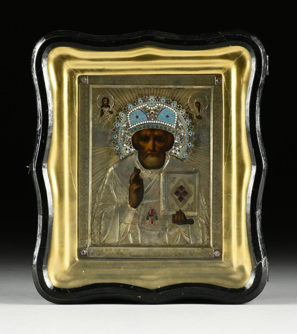 A RUSSIAN FAUX JEWELED AND CLOISONNE ENAMELED SILVER: A RUSSIAN FAUX JEWELED AND CLOISONNE ENAMELED SILVER OKLAD MOUNTED ICON OF ST. NICHOLAS, LATE 19TH CENTURY, of rectangular form and sensitively painted with tempura in colors covering the entire wood 