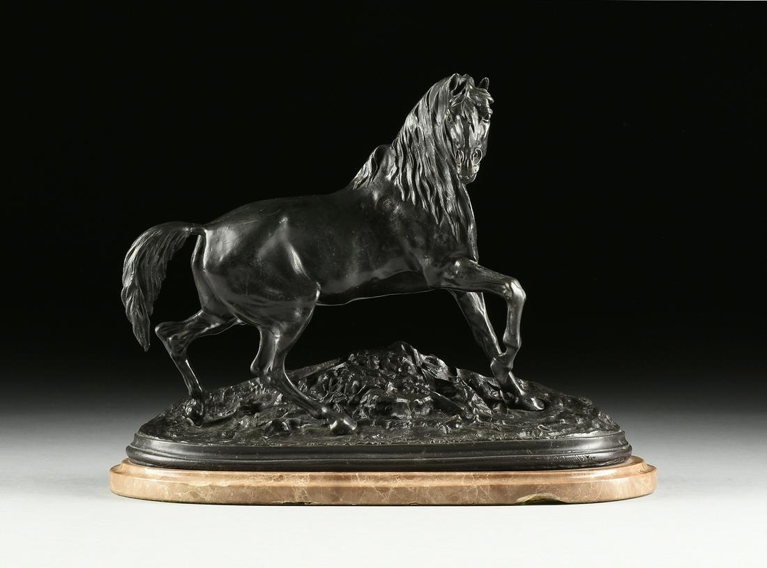after PIERRE-JULES MÊNE (French 1810-1879) A BRONZE: after PIERRE-JULES MÊNE (French 1810-1879) A BRONZE HORSE SCULPTURE, "Cheval Libre," LATE 19TH/EARLY 20TH CENTURY, with a black patination and cast as a startled stallion on an oval stylized groundwo
