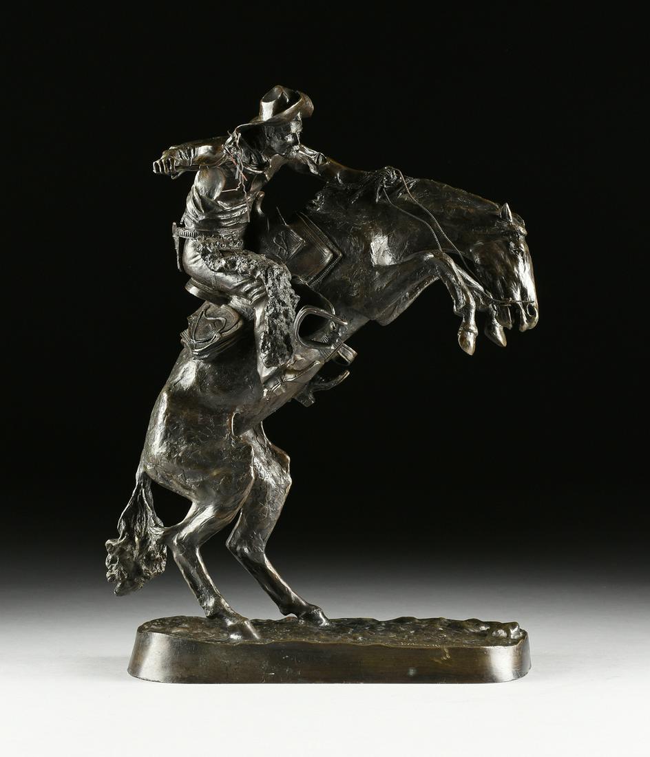FREDERIC REMINGTON (American 1861-1909) A BRONZE: FREDERIC REMINGTON (American 1861-1909) A BRONZE SCULPTURE, "Bronco Buster," with dark brown patination and signed in the rounded rectangular stylized groundwork base "Frederic Remington." Height: 22"