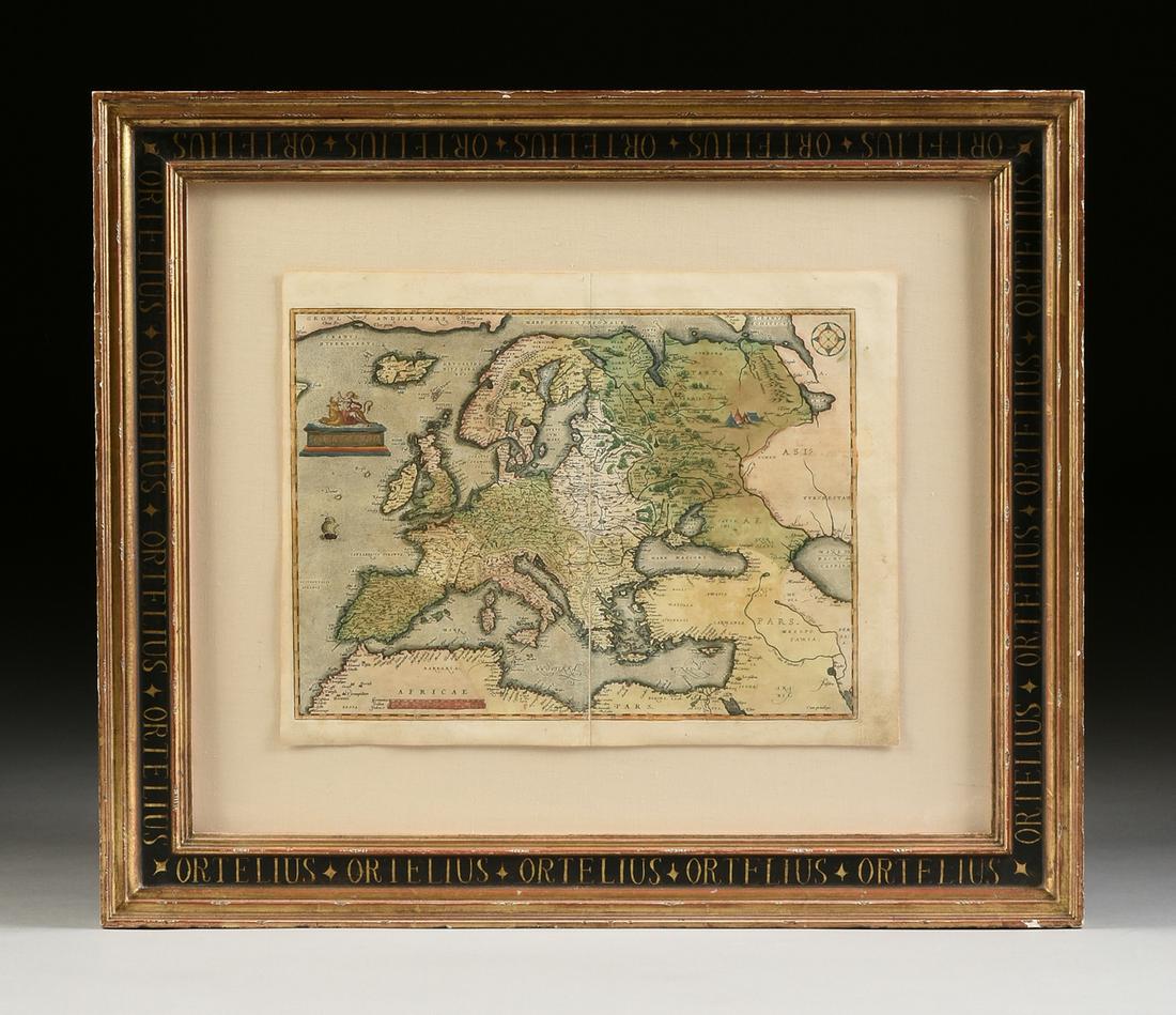 A RENAISSANCE MAP, "Europæ," ABRAHAM ORTELIUS, ANTWERP,: A RENAISSANCE MAP, "Europæ," ABRAHAM ORTELIUS, ANTWERP, 1570-1612, hand colored copperplate engraving on paper, a fragment from an edition of Theatrum Orbis Terrarum, considered the "first modern
