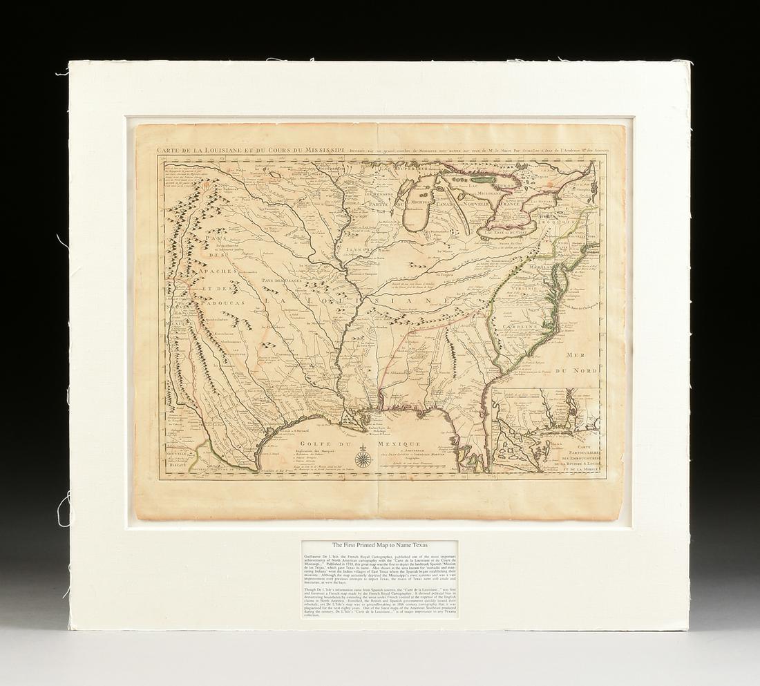AN ANTIQUE MAP, "Carte de la Louisiane et du Cours du: AN ANTIQUE MAP, "Carte de la Louisiane et du Cours du Mississippi," AMSTERDAM, CIRCA 1730, hand colored copperplate engraving on paper, "Dressée sur un grand nombre de Mémoires entr'autres s