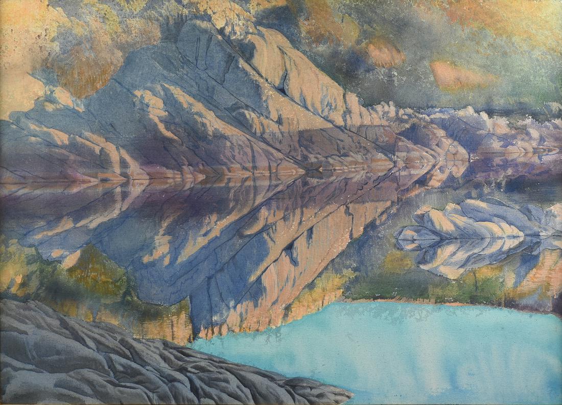 MERRILL DEAN MAHAFFEY (American b. 1937) A PAINTING,: MERRILL DEAN MAHAFFEY (American b. 1937) A PAINTING, "Willow Lake Series #3: Granite Reefs Reflection," acrylic on canvas, verso signed and titled, with paper gallery label. 46" x 46" Provenance: Harr