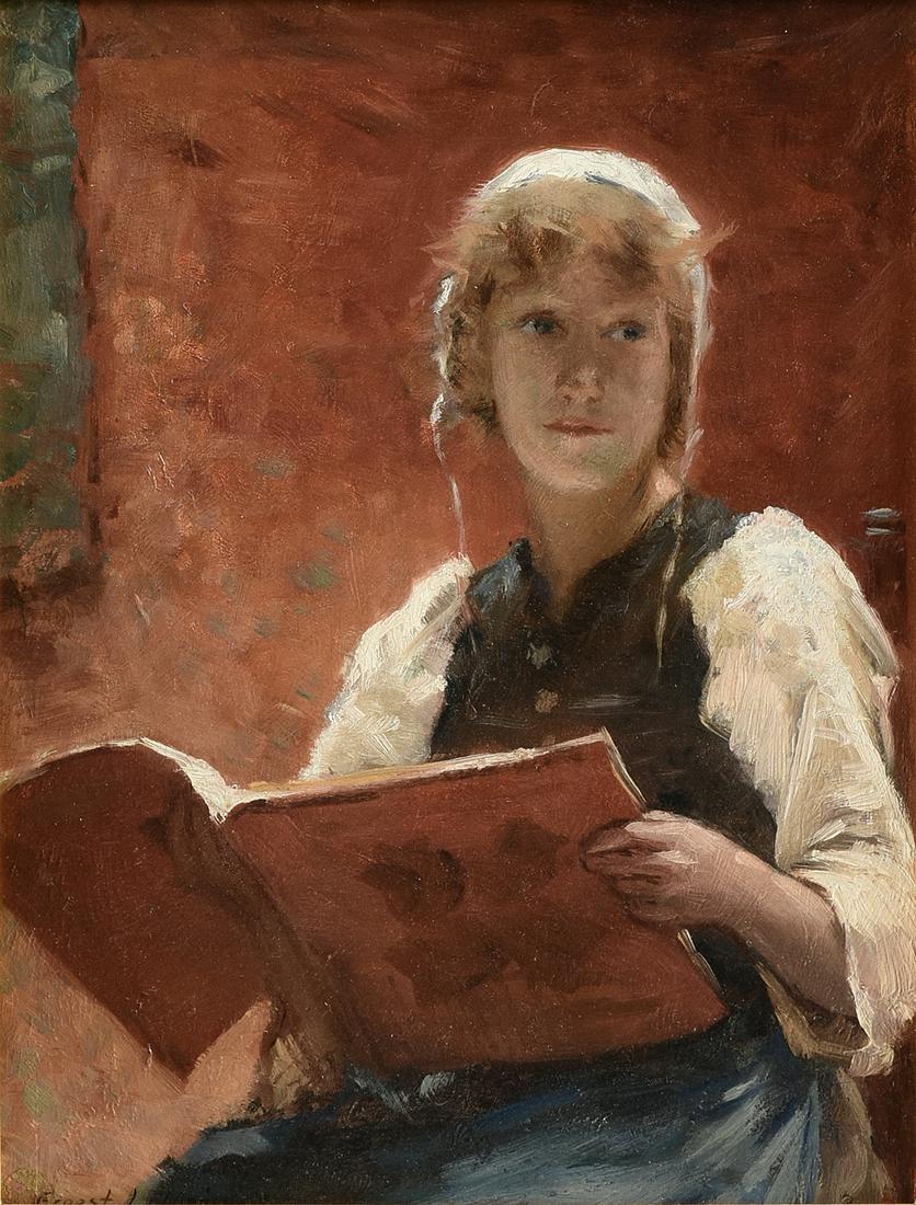 ERNEST LEE MAJOR (American 1864-1950) A PAINTING,: ERNEST LEE MAJOR (American 1864-1950) A PAINTING, "Portrait of a Woman with a Book," oil on board, signed L/L, verso a paper gallery label. 14" x 10 1/2" Provenance: Spanierman Gallery, LLC, New York,
