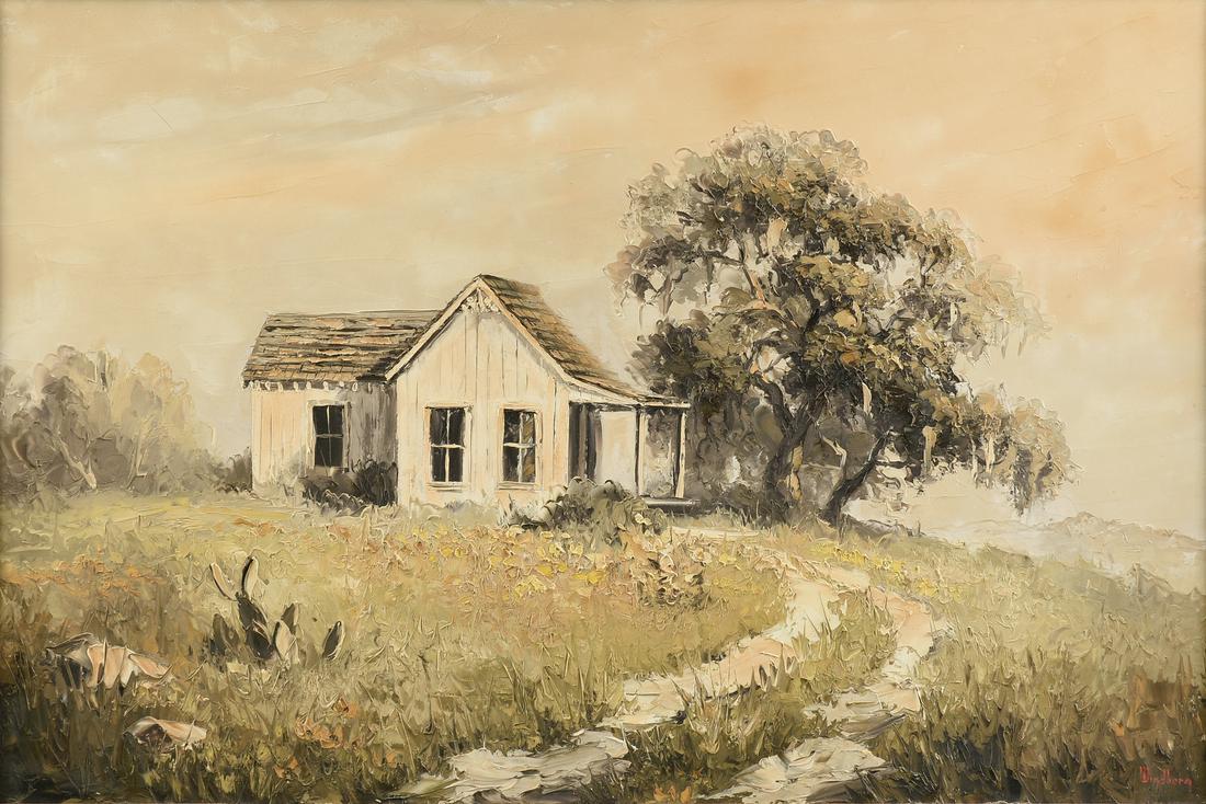 DALHART WINDBERG (American/Texas B.1933) A PAINTING,: DALHART WINDBERG (American/Texas B.1933) A PAINTING, "Looking West at a Cottage and Moss Hung Tree," oil on canvas, signed L/R, "Windberg." 24" x 36" Note: Verso the stretcher numbered #1455. Property
