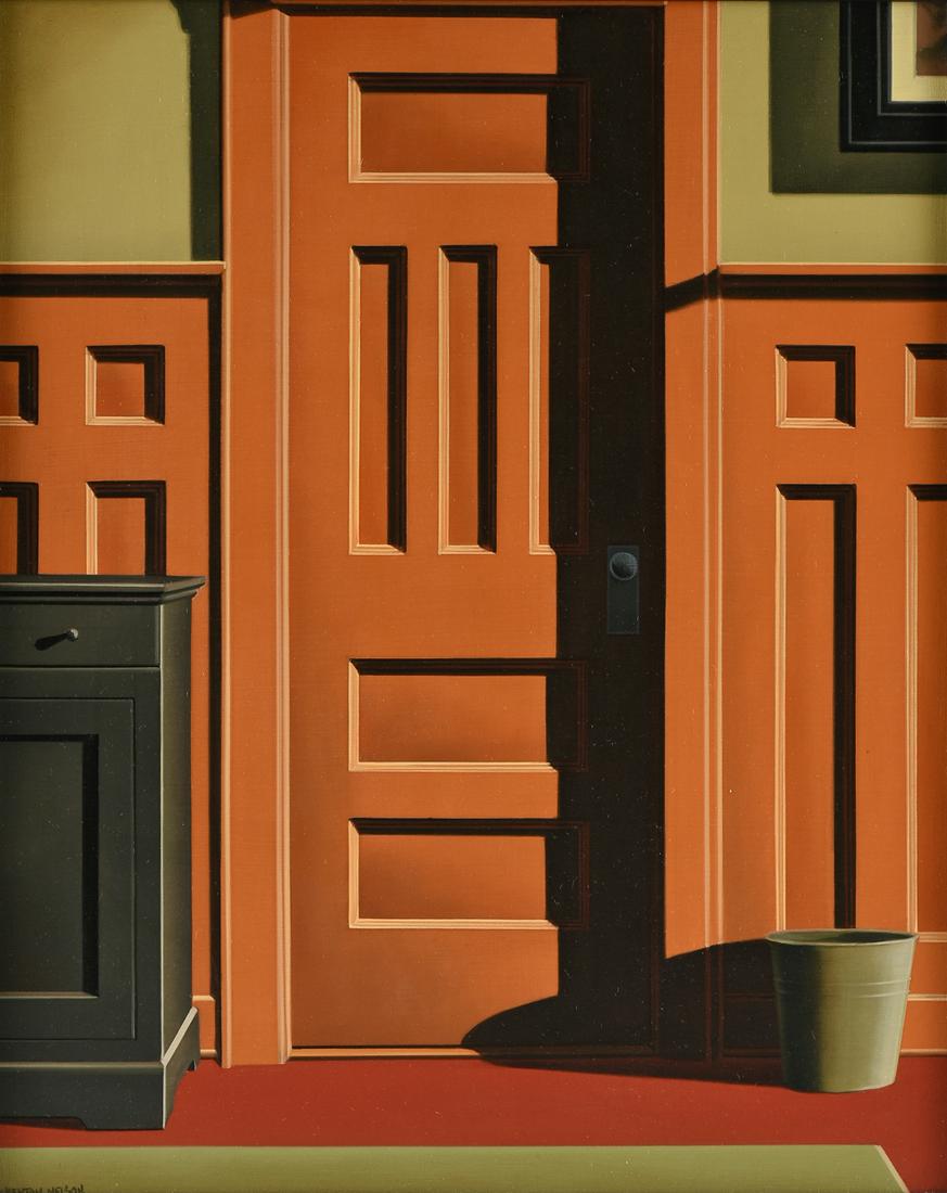 R. KENTON NELSON (American b. 1954) A PAINTING,: R. KENTON NELSON (American b. 1954) A PAINTING, "Privacy," oil on board, signed L/L, verso a paper gallery label. 16" x 20" Provenance: Eleanor Ettinger Gallery, New York, New York.