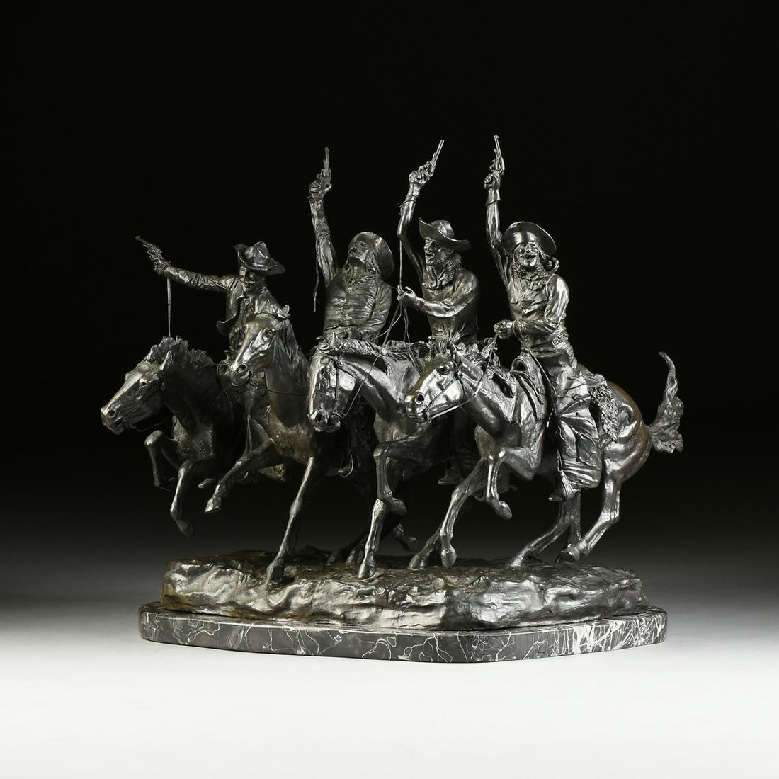 FREDERIC REMINGTON (American 1861-1909) A BRONZE: FREDERIC REMINGTON (American 1861-1909) A BRONZE SCULPTURE," Coming through the Rye," with a dark brown patination and signed in the groundwork base "Frederic Remington," raised on a conforming varieg
