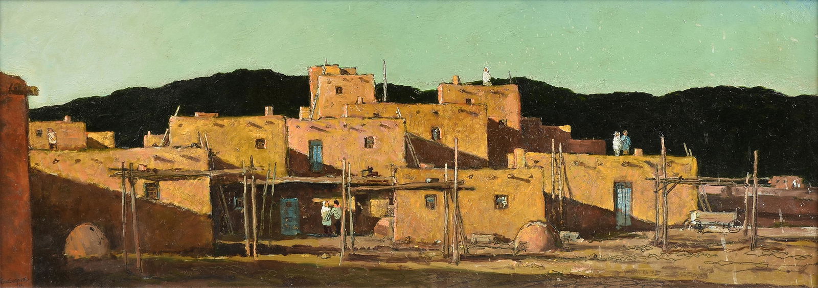 ERIC SLOANE (American 1905-1985) A PAINTING, "Memory of: ERIC SLOANE (American 1905-1985) A PAINTING, "Memory of Taos," oil on pressed board, signed L/L, verso titled and signed in sgraffito, and a paper gallery label. 14" x 38 1/2" Provenance: Fenn Galleri