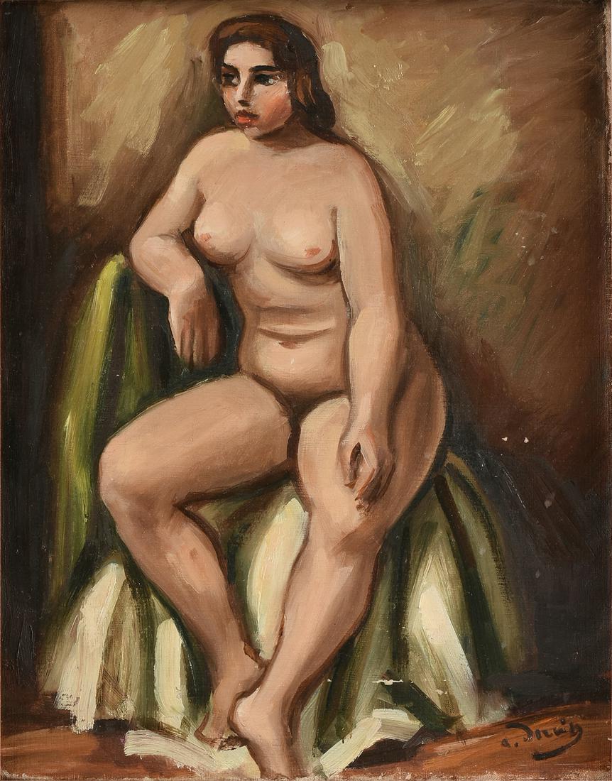 ANDRE DERAIN (French 1880-1954) A PAINTING, "Nu,": ANDRE DERAIN (French 1880-1954) A PAINTING, "Nu," oil on canvas, signed L/R, "A. Derain." 13 1/4" x 10 1/2" Provenance: Christophe Joron-Derem, Paris, December 11, 2014, Lot 112, sold, $5,570.