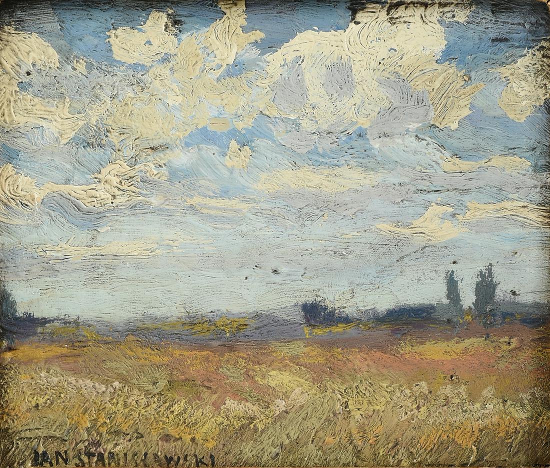 JAN STANISLAWSKI (Polish 1860-1907) A PAINTING, "Clouds: JAN STANISLAWSKI (Polish 1860-1907) A PAINTING, "Clouds in Landscape," oil on wood, signed L/L. 4 3/4" x 5 3/4"
