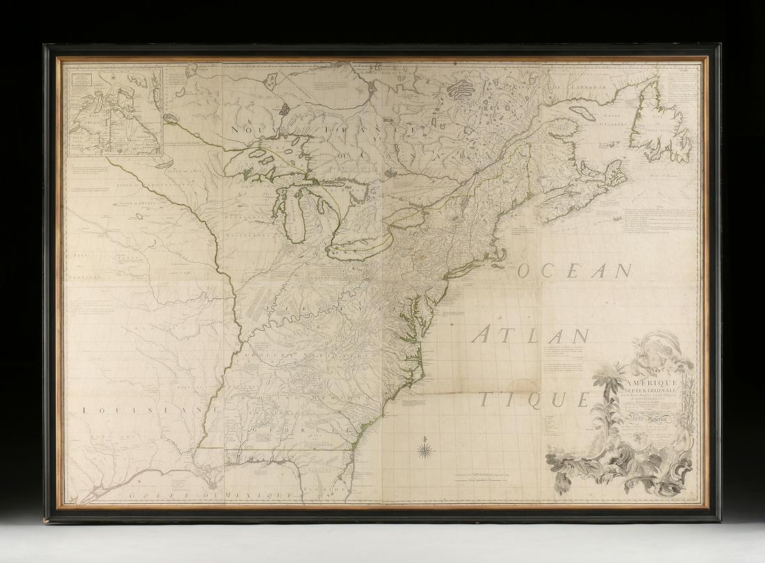 A COLONIAL MAP, "Amerique Septentrionale," PARIS, CIRCA: A COLONIAL MAP, "Amerique Septentrionale," PARIS, CIRCA 1783, hand colored engraving on paper, attributed as a third edition, sixth impression French printing of The Mitchell Map, published by cartog