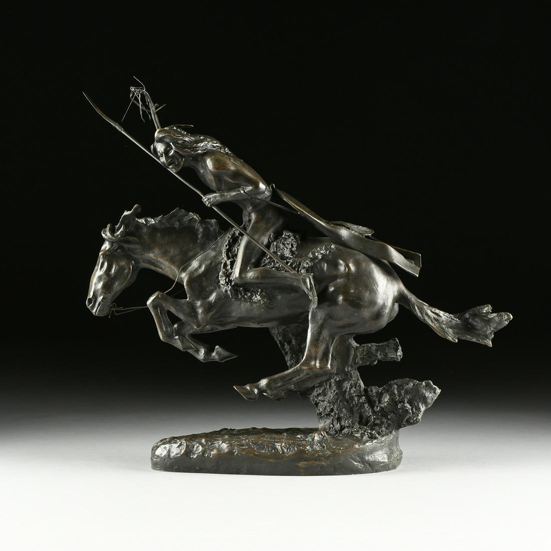 FREDERIC REMINGTON (American 1861-1909) A BRONZE: FREDERIC REMINGTON (American 1861-1909) A BRONZE SCULPTURE, "The Cheyenne," cast with a blackish-brown patination, base inscribed "Copyright / Frederic Remington," base side inscribed "ROMAN BRONZE WO