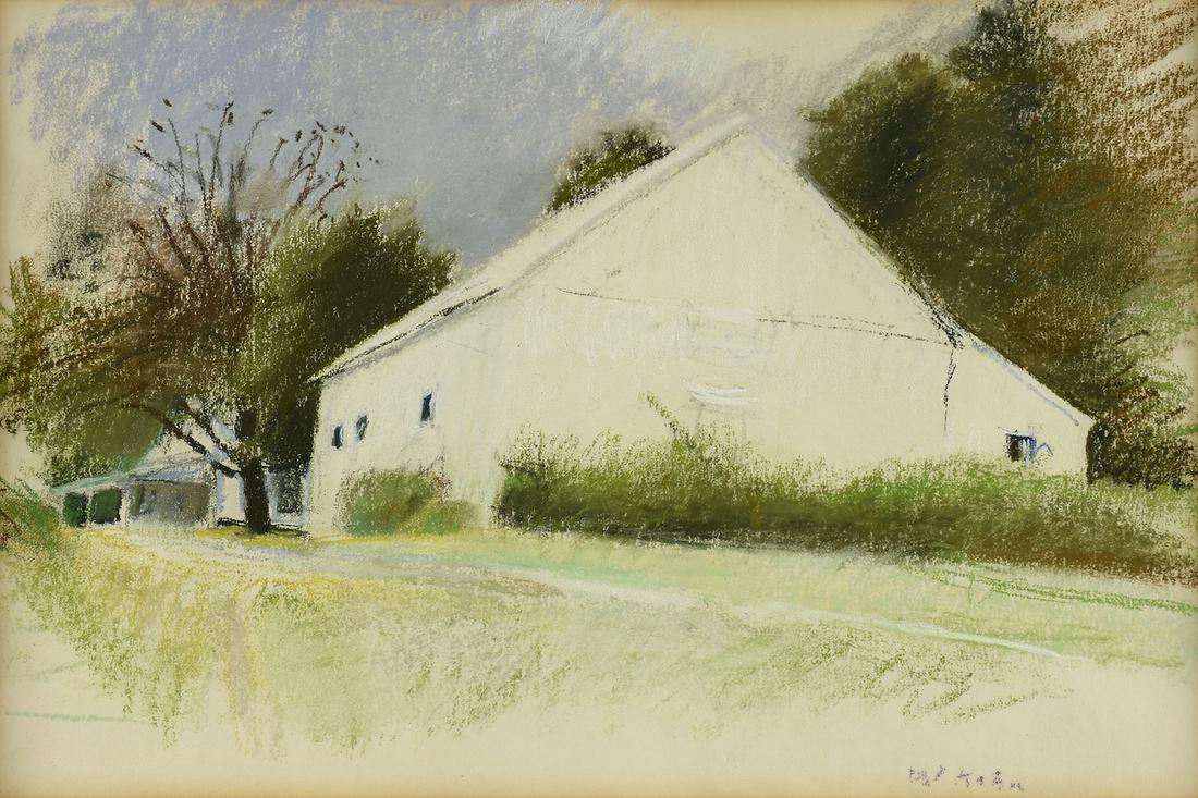 WOLF KAHN (German/American 1927-2020) A DRAWING, "A: WOLF KAHN (German/American 1927-2020) A DRAWING, "A White House Under a Periwinkle Sky," pastel on paper, signed L/R, verso accompanying paper gallery label. 11 1/2" x 17 1/2" Note: Gallery numbe