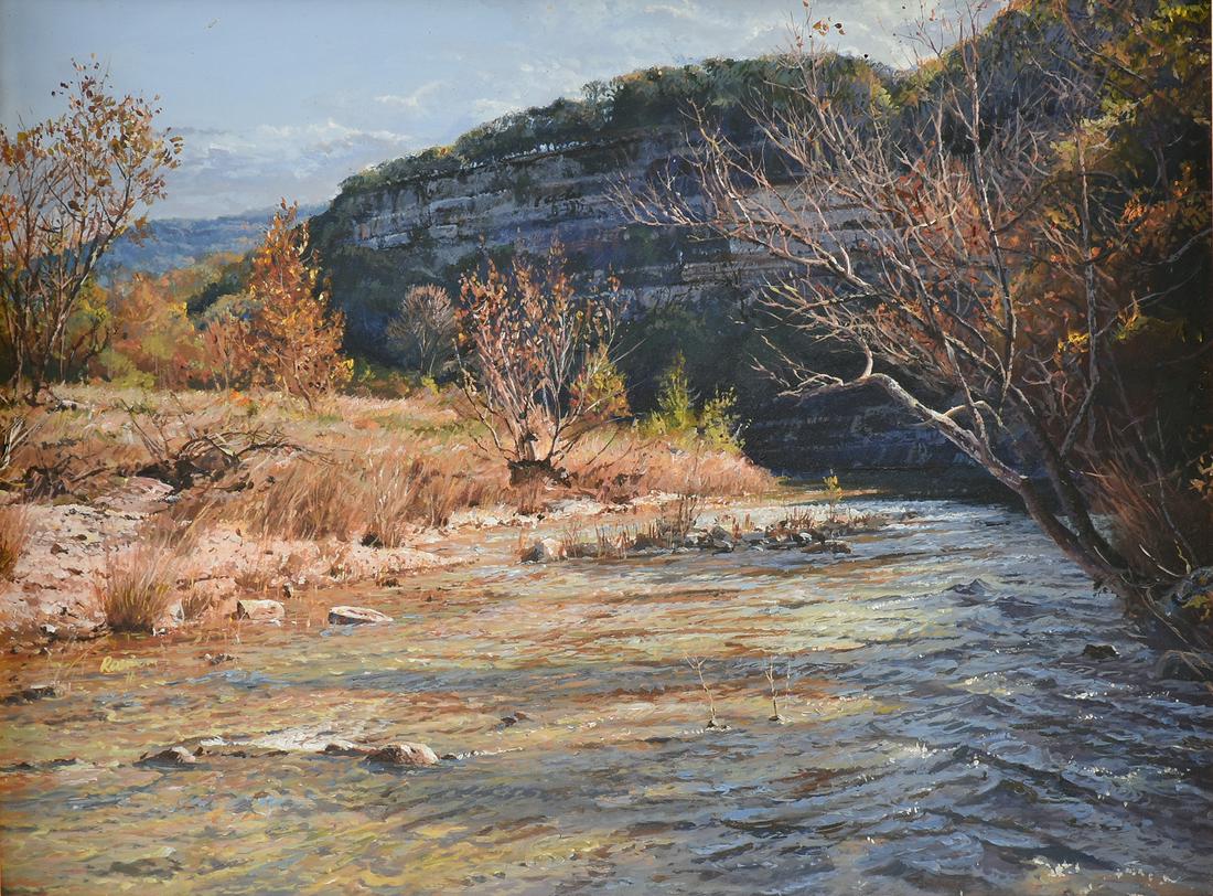 JAMES ROBINSON (American/Texas 1944-2015) A PAINTING,: JAMES ROBINSON (American/Texas 1944-2015) A PAINTING, "Gorge by the River," acrylic on pressed board, signed C/L. 17 1/2" x 23 1/2"