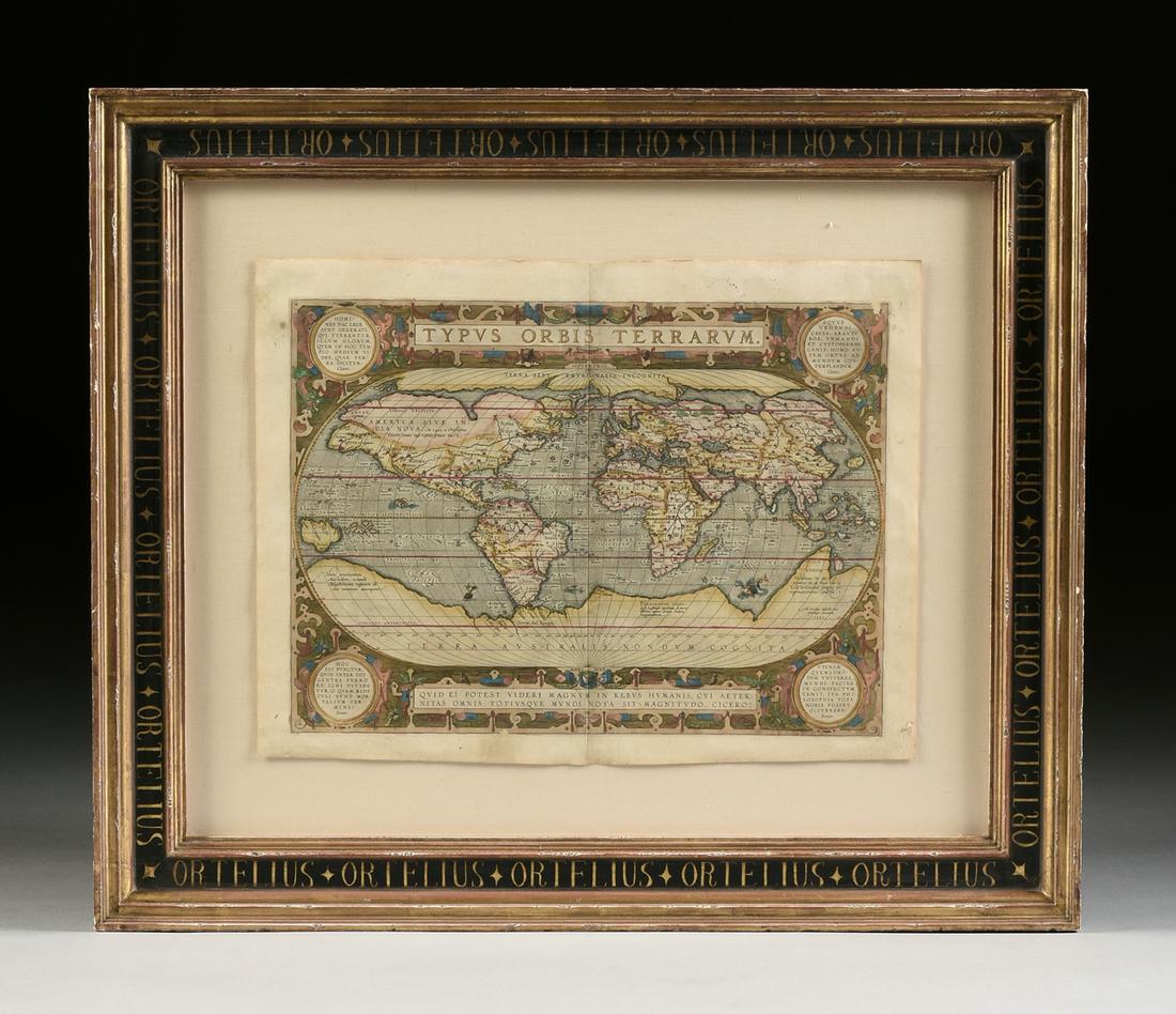 A RENAISSANCE MAP, "Typus Orbis Terrarum," ABRAHAM: A RENAISSANCE MAP, "Typus Orbis Terrarum," ABRAHAM ORTELIUS, ANTWERP, 1587-1612, hand colored copperplate engraving on paper, a fragment from an edition of Theatrum Orbis Terrarum, considered the "fir