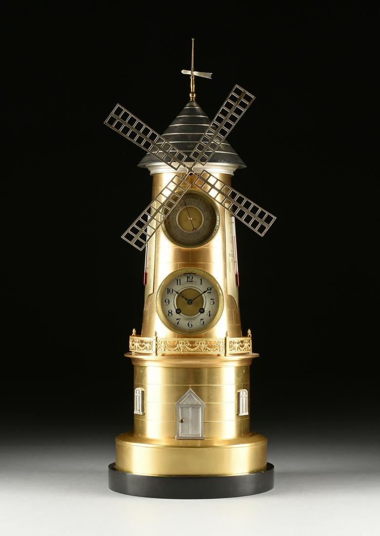 A GILT AND SILVERED BRONZE AUTOMATION WINDMILL: A GILT AND SILVERED BRONZE AUTOMATION WINDMILL CLOCK/BAROMETER, FRENCH, 20TH CENTURY, for the Spanish market and of traditional flaring cylindrical form with automation sail form blades, above a