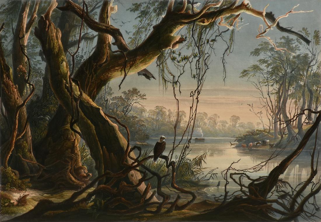 KARL BODMER (Swiss-French 1809-1893) A PRINT,: KARL BODMER (Swiss-French 1809-1893) A PRINT, "Embouchure du Fox-River (Indiana)," hand colored aquatint engraving on paper, "Dessiné d'après nature par Ch. Bodmer.," printed by Finot & Boug