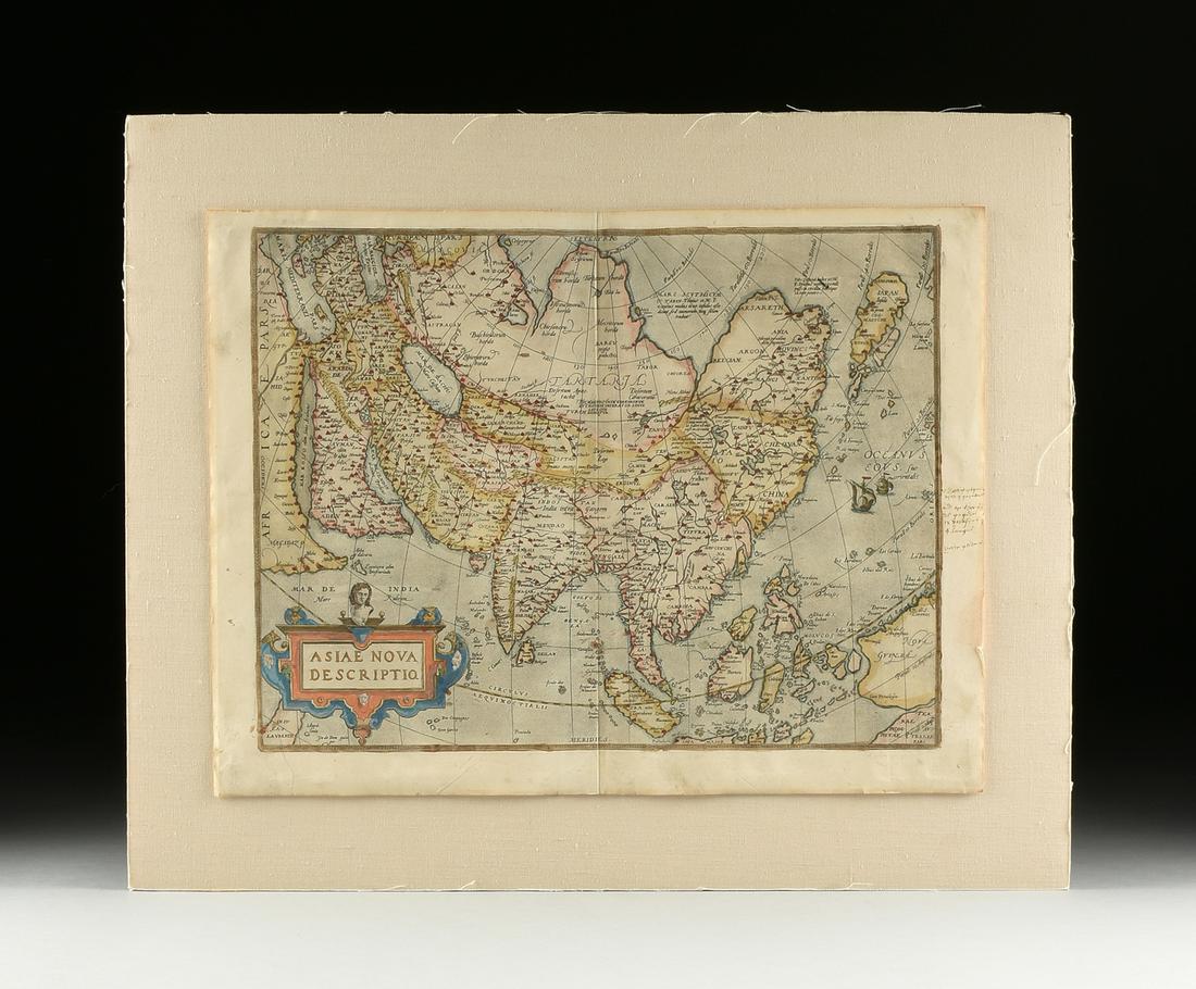 A RENAISSANCE MAP, "Asiæ Nova Descriptio," ABRAHAM: A RENAISSANCE MAP, "Asiæ Nova Descriptio," ABRAHAM ORTELIUS, ANTWERP, 1570-1612, hand colored engraving on paper, a fragment from an edition of Theatrum Orbis Terrarum, considered the "first mode