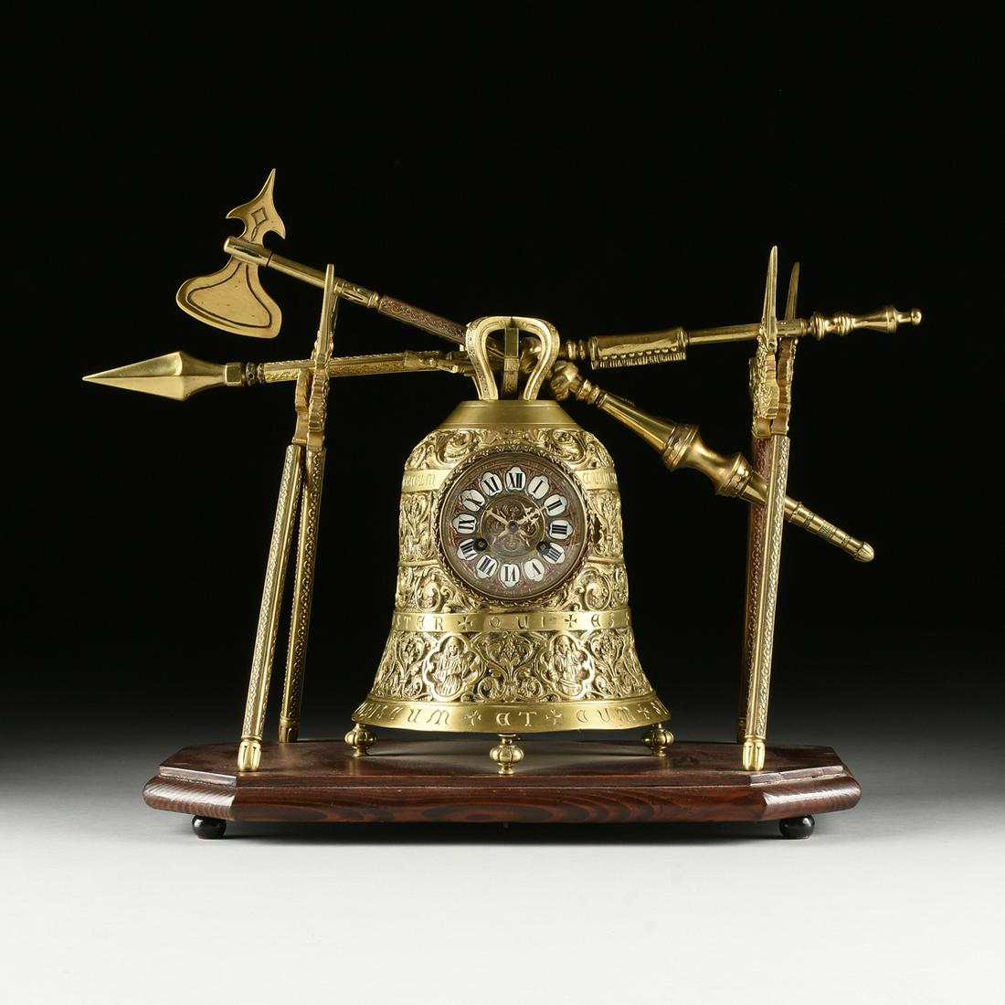AN EXCEPTIONAL NEO-GOTHIC STYLE BELL FORM CLOCK AND: AN EXCEPTIONAL NEO-GOTHIC STYLE BELL FORM CLOCK AND STAND, POSSIBLY FRENCH, LATE 19TH CENTURY, the nicely engraved crown form corona on the bell form body cast with elaborate relief details of scrolli