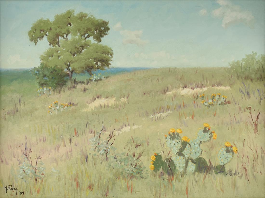 NOE PEREZ (American/Texas b. 1958) A PAINTING, "Cacti: NOE PEREZ (American/Texas b. 1958) A PAINTING, "Cacti Blooming in Spring," 1984, oil on canvas, signed and dated L/L, "N. Perez '84." 18" x 24"