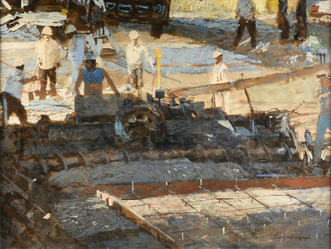 DAN WINGREN (American/Texas 1923-1998) A PAINTING,: DAN WINGREN (American/Texas 1923-1998) A PAINTING, "Construction Site," oil on canvas, signed L/R. 30" x 46" Provenance: Property from a Corporate Art Collection