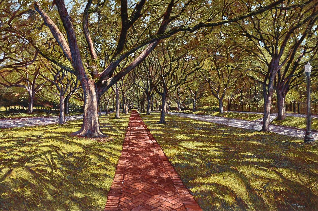 TIM SASKA (American/Texas 1935-2006) A PAINTING, "Brick: TIM SASKA (American/Texas 1935-2006) A PAINTING, "Brick Path," oil on canvas, signed L/R. 47" x 71" Provenance: Property from a Corporate Art Collection