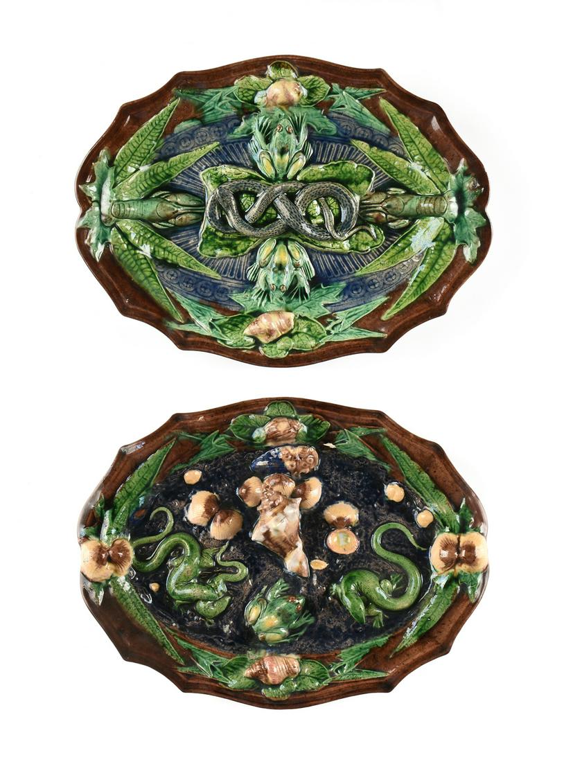 TWO PALISSY WARE FAIENCE PLATTERS, REPTILE AND SHELLS,: TWO PALISSY WARE FAIENCE PLATTERS, REPTILE AND SHELLS, FRENCH, 19TH CENTURY, each platter with scalloped edges, one platter centering a whelk shell, a frog, a salamander battle, clams, and a