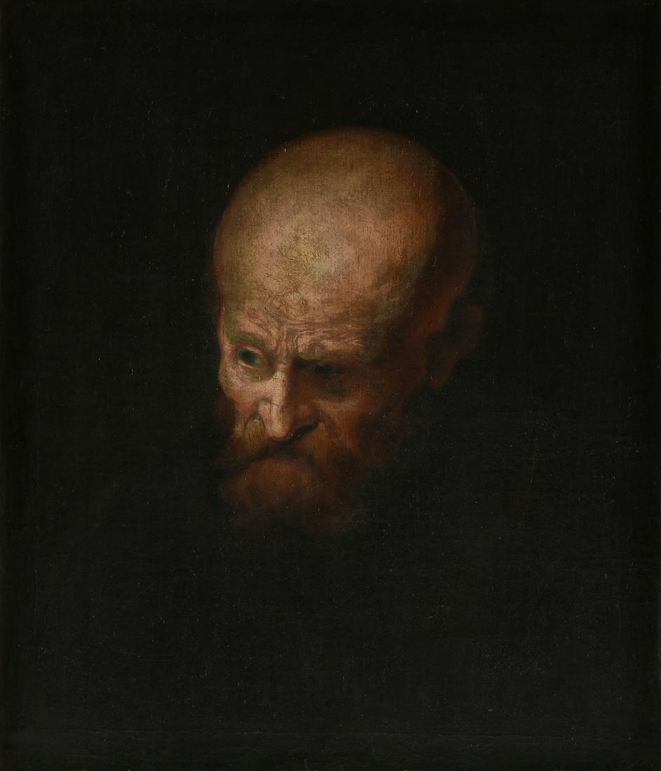 in the manner of REMBRANDT VAN RIJN (Dutch 1606-1669) A: in the manner of REMBRANDT VAN RIJN (Dutch 1606-1669) A PAINTING, "Bust of a Bald Old Man," 18TH/19TH CENTURY, oil on canvas, verso two paper labels, "REVERDYS, MÜNCHEN..." 17 3/4" x 15 1/4" Prov
