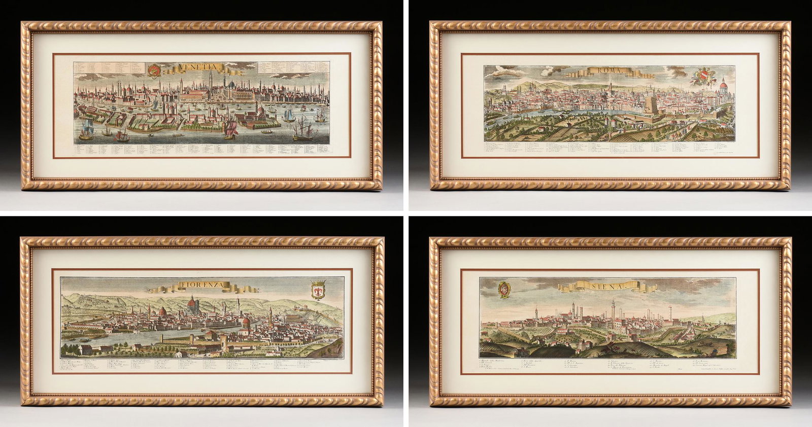 after FRIEDRICH BERNHARD WERNER (Silesian 1690-1778): after FRIEDRICH BERNHARD WERNER (Silesian 1690-1778) AND after JOHANN FRIEDRICH PROBST (German 1721-1781) FOUR ARCHITECTURAL ENGRAVINGS, hand colored engravings on paper, "Siena," "Fiorenza," "Venetia