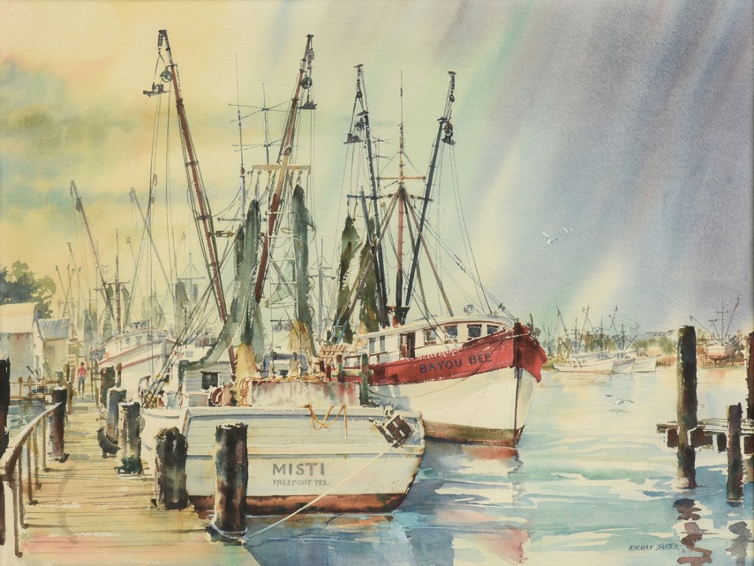 NORMAN E. BAXTER (American 20th Century) A WATERCOLOR,: NORMAN E. BAXTER (American 20th Century) A WATERCOLOR, "Shrimp Boats, Freeport Texas," watercolor on paper, signed and dated L/R, "1974." 21" x 27"