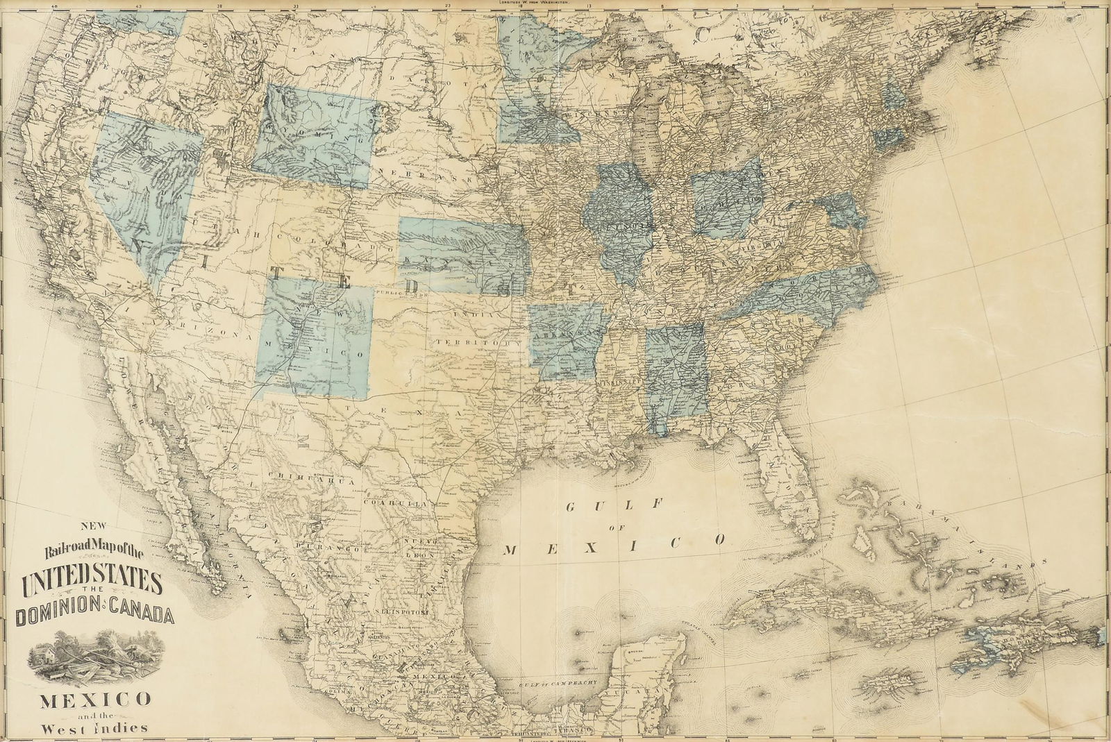 AN ANTIQUE MAP, "New Railroad Map of the United States, (1 of 11)