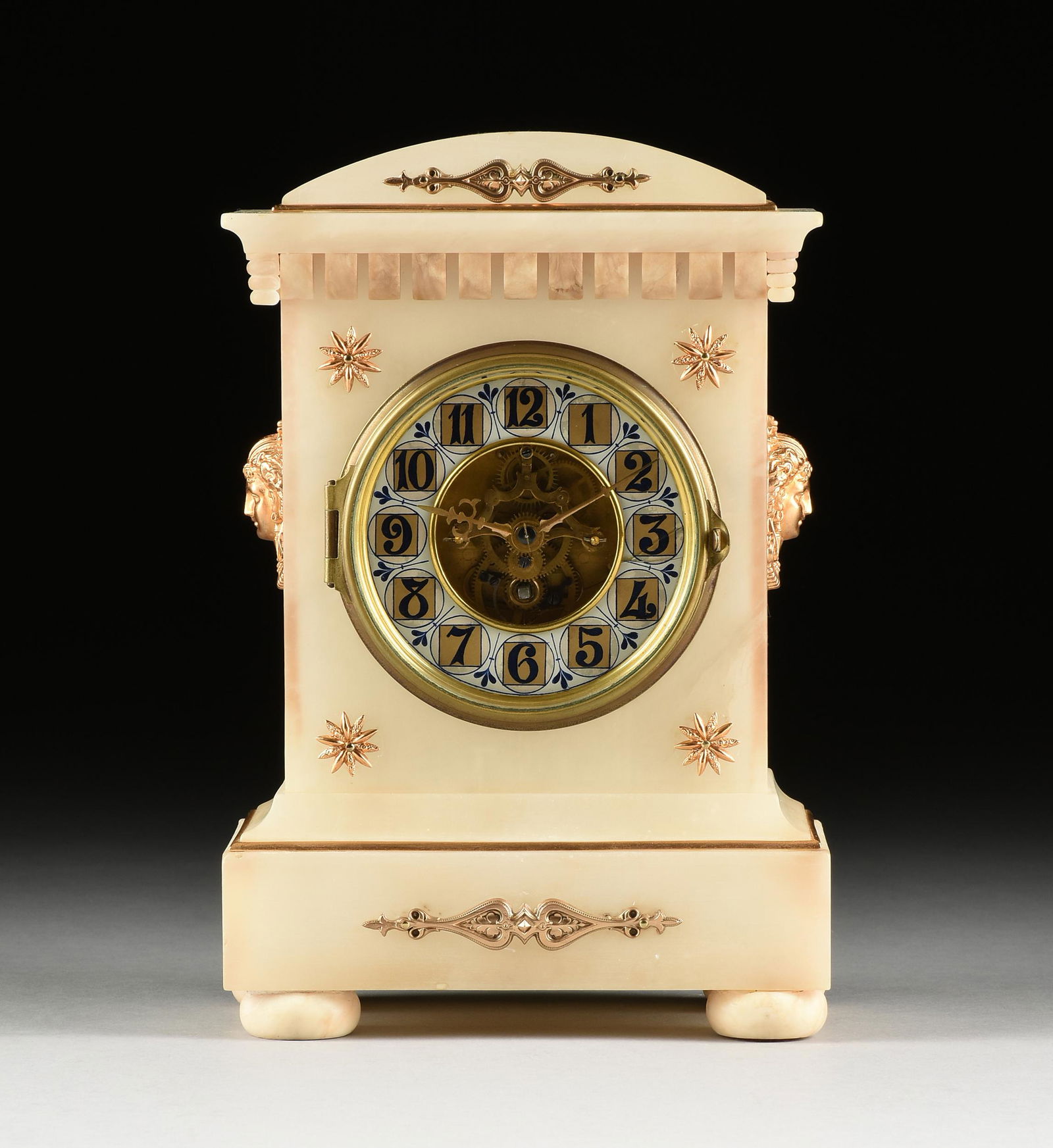 A FRENCH GILT METAL MOUNTED ALABASTER MANTLE CLOCK, BY (1 of 9)