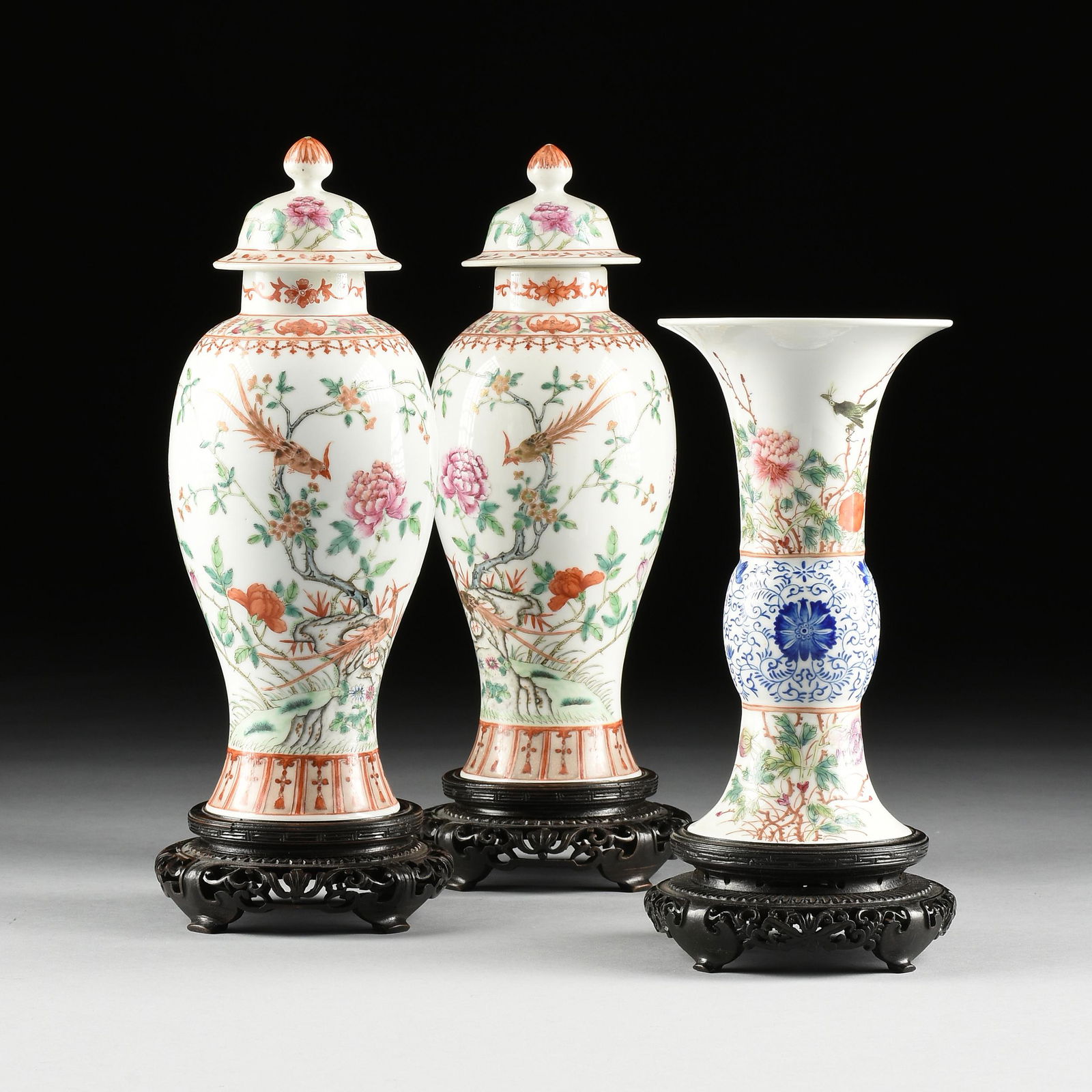 A THREE PIECE CHINESE FAMILLE ROSE LIDDED URNS AND GU (1 of 18)