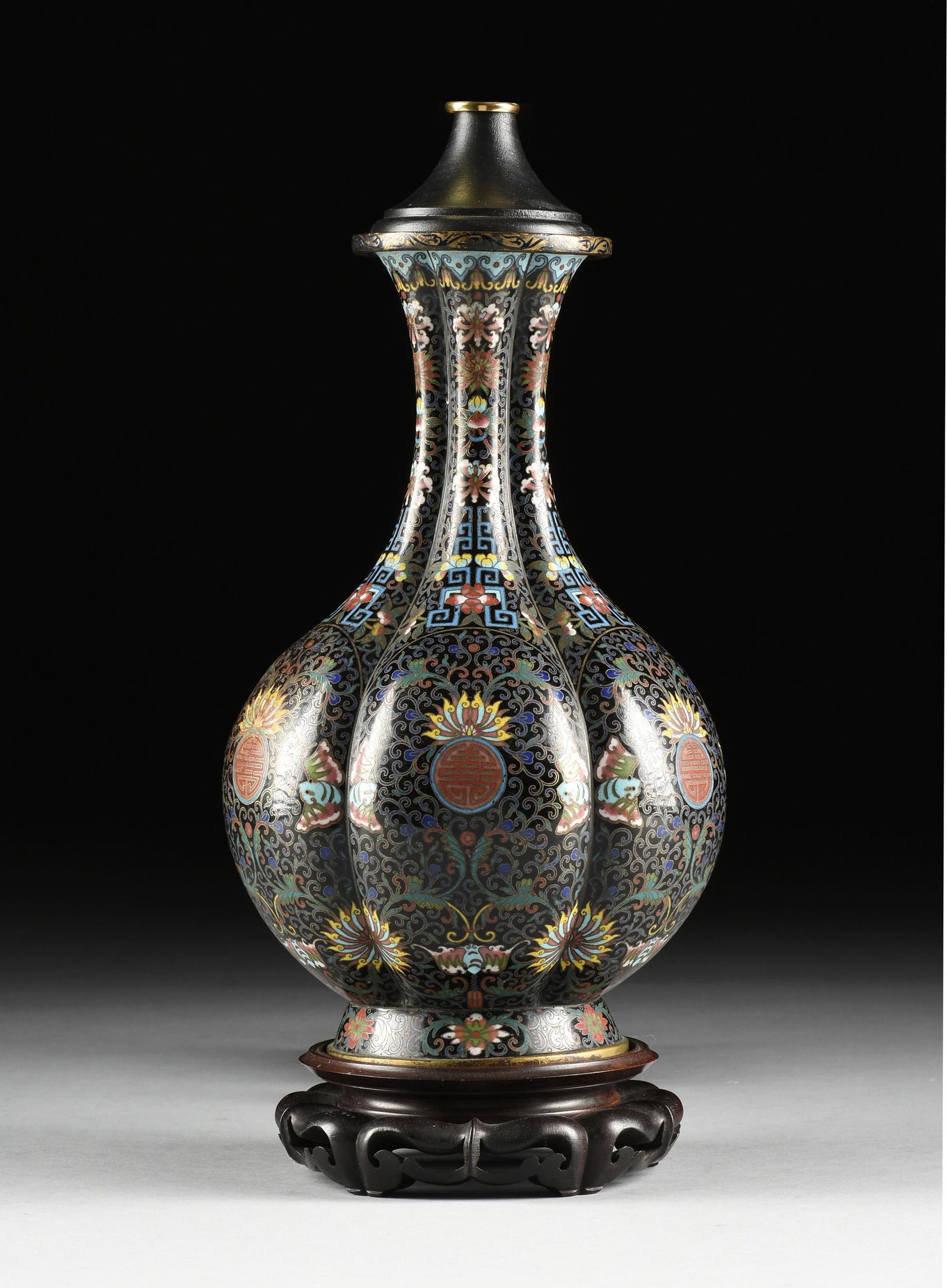 AN ANTIQUE CHINESE POLYCHROME ON BLACK GROUND ENAMELED (1 of 5)