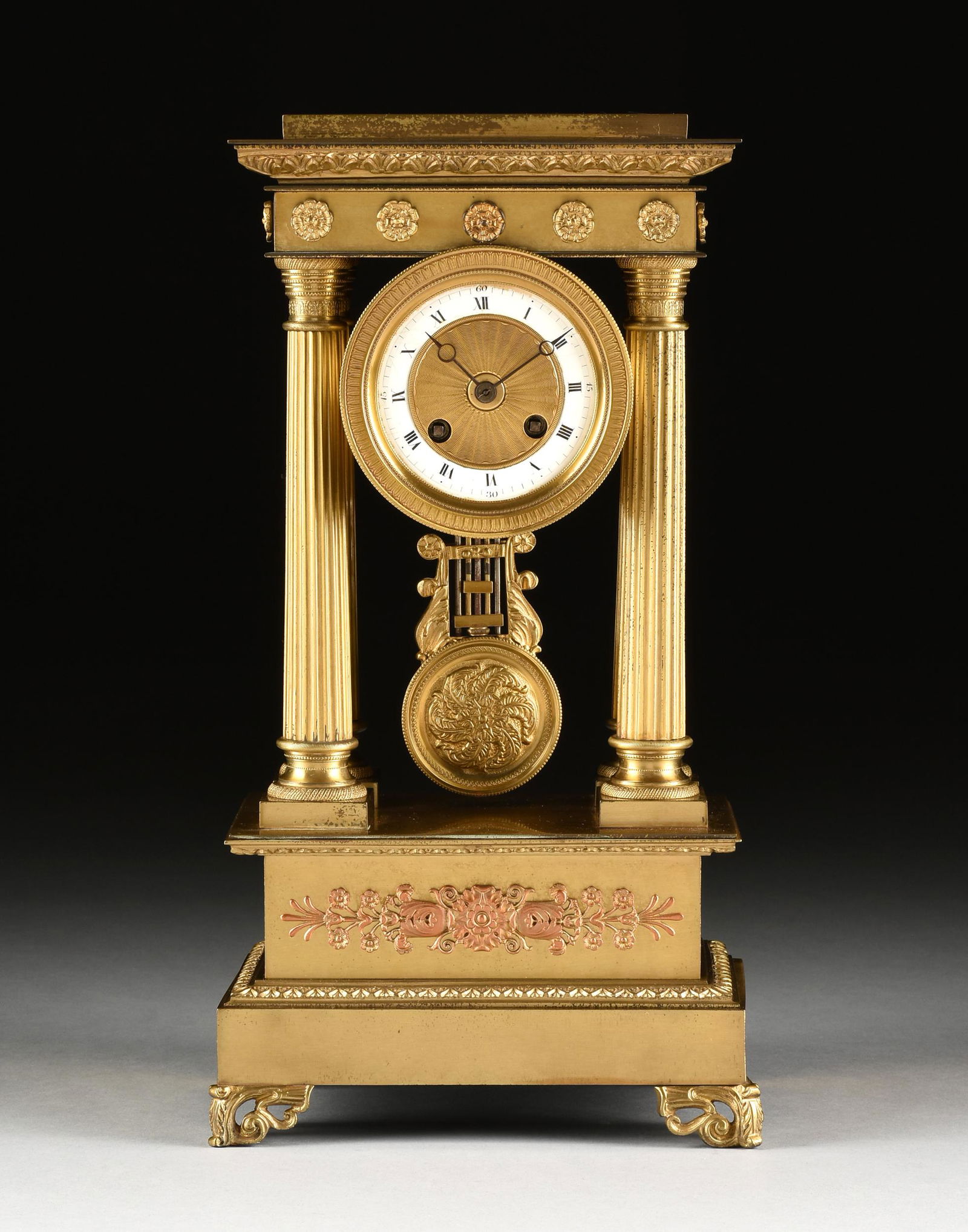 A CHARLES X STYLE GILT LACQUERED METAL PORTICO CLOCK, (1 of 10)