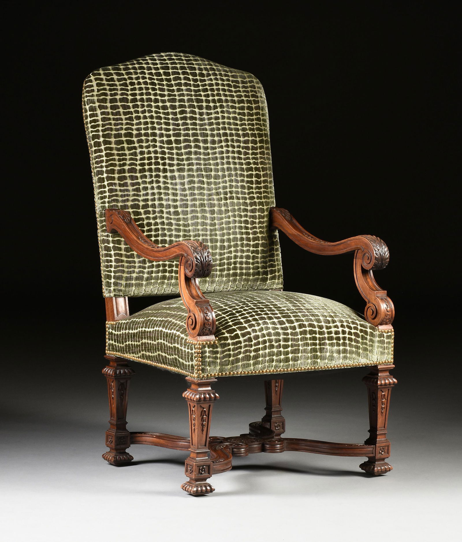 AN ANTIQUE LOUIS XIV STYLE CARVED WALNUT ARMCHAIR, LATE (1 of 11)