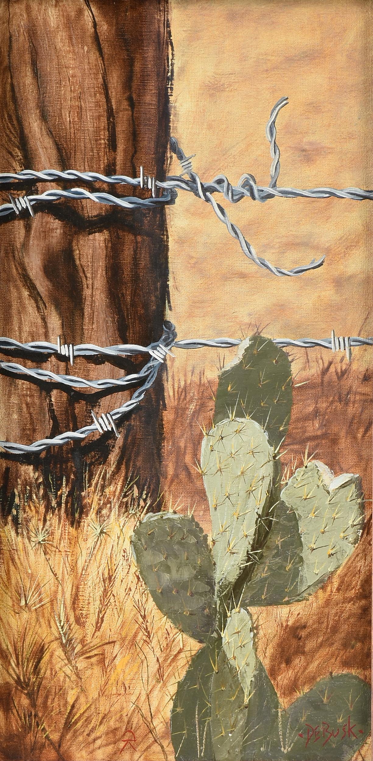 KELLY DEBUSK (American/Texas 1915-1972) A PAINTING,: KELLY DEBUSK (American/Texas 1915-1972) A PAINTING, "Prickly Pear Cactus," oil on canvas, signed L/R, verso signed and placed, "Kelly Debusk, Austin, Tex.," with accompanying facsimile news clipping w