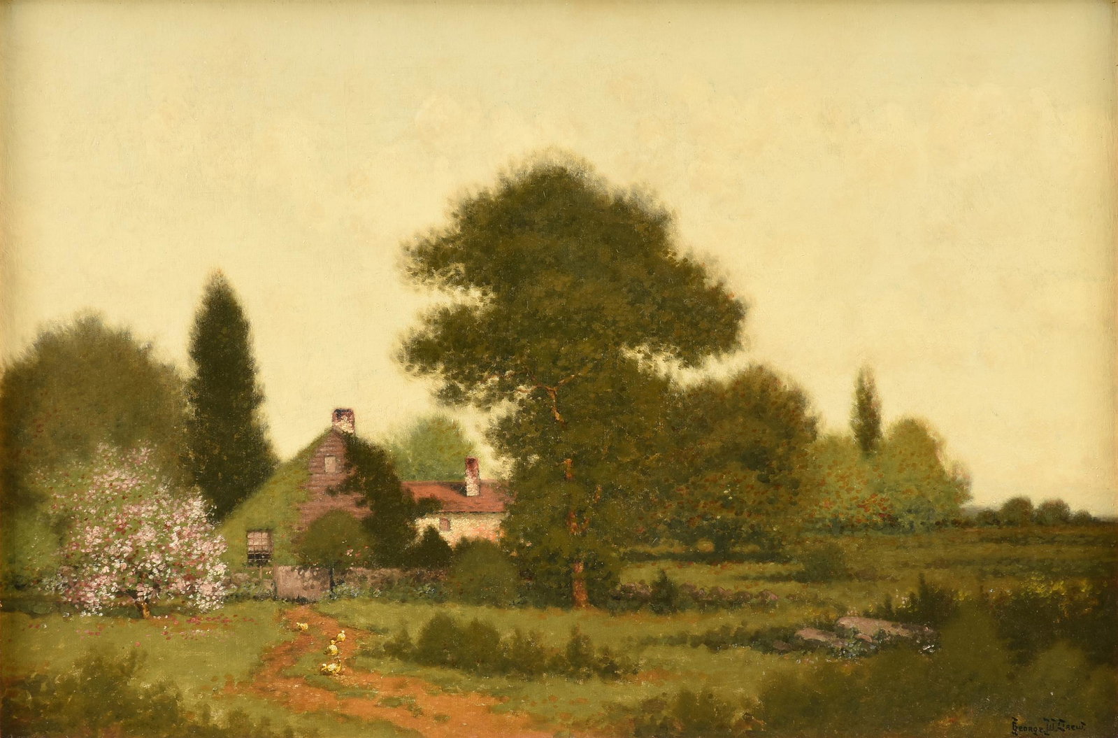 GEORGE W. DREW (American 1875-1968) A PAINTING,: GEORGE W. DREW (American 1875-1968) A PAINTING, "Homestead with Ducks and Pink Tree," oil on canvas, signed L/R. 20" x 30"