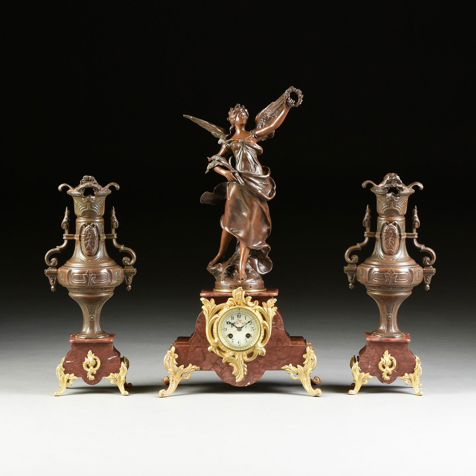A THREE PIECE BELLE ÉPOQUE SPELTER AND GILT BRONZE (1 of 16)