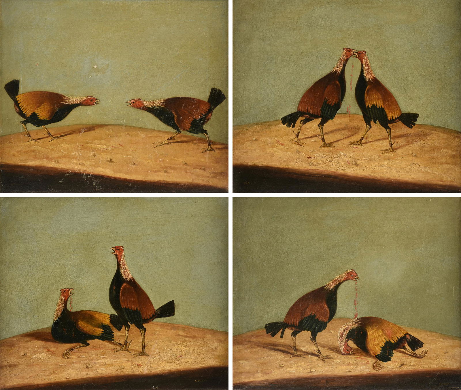 after HENRY THOMAS ALKEN (English 1785-1851) A SERIES: after HENRY THOMAS ALKEN (English 1785-1851) A SERIES OF FOUR PAINTINGS, "Cockfight," "Fight," "Set Two," AND "Death," MID/LATE 19TH CENTURY, attributed to HENRY PEACH ROBINSON (English 1830-1901), oi