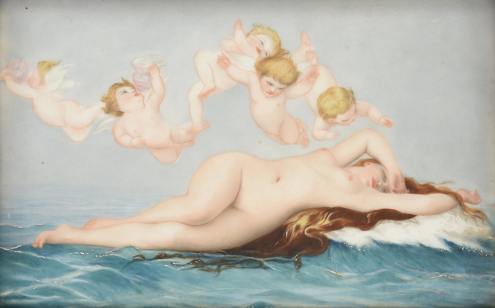 after ALEXANDRE CABANEL (French 1825-1889) A MEISSEN: after ALEXANDRE CABANEL (French 1825-1889) A MEISSEN STYLE PORCELAIN PLAQUE, "Birth of Venus," LATE 19TH CENTURY, enameled porcelain after the original, signed in monogram L/L and verso signed and dat