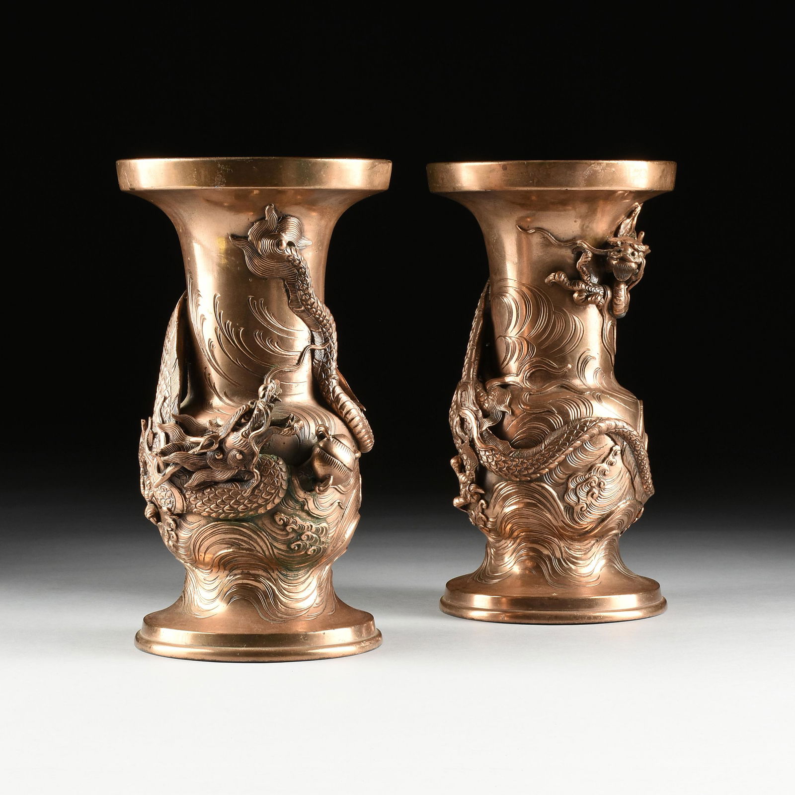 A PAIR OF JAPANESE "DRAGON" BRONZE VASES, SIGNED, MEIJI (1 of 13)