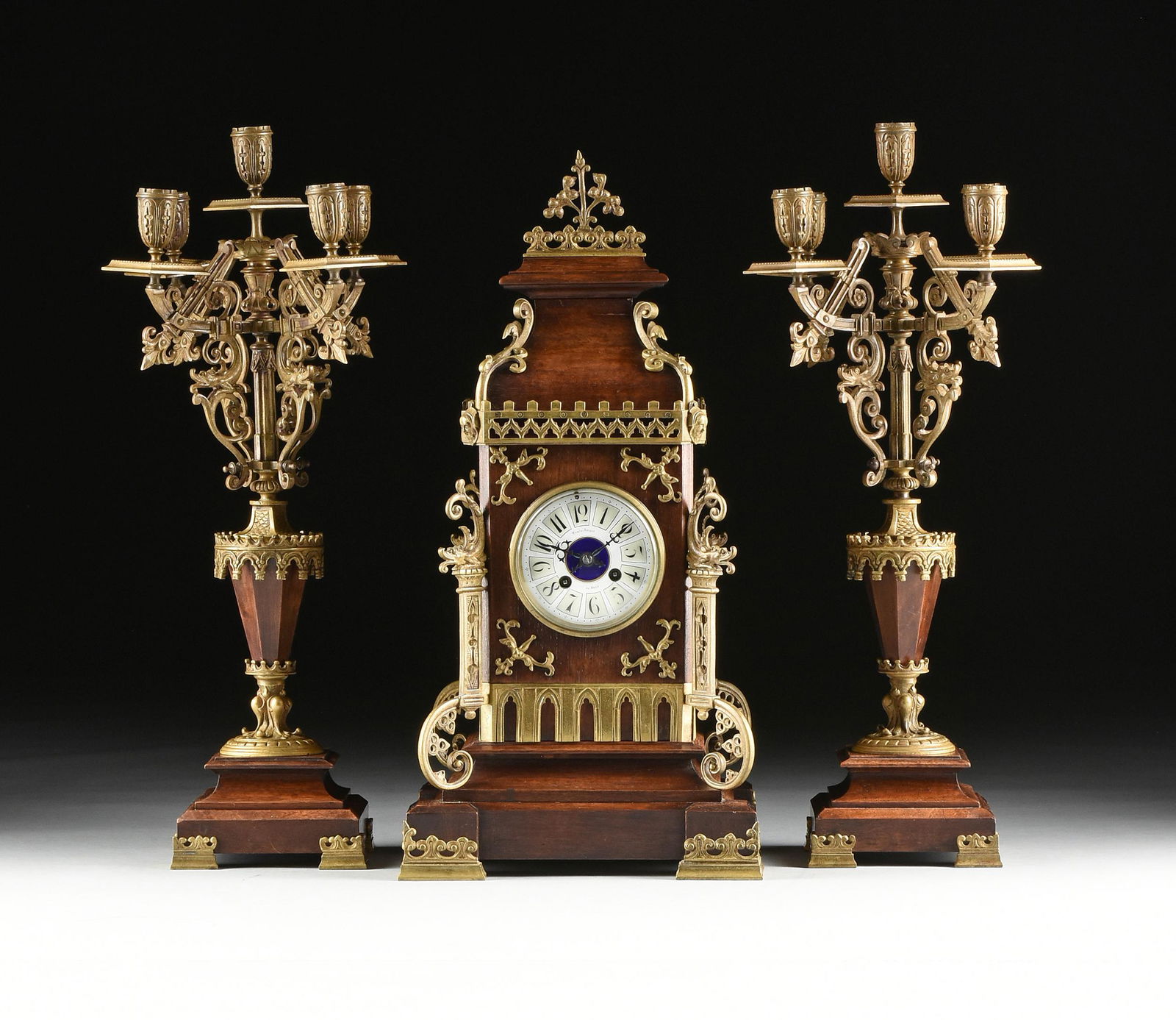 A THREE PIECE NEO-GOTHIC GILT BRONZE MOUNTED WALNUT (1 of 15)
