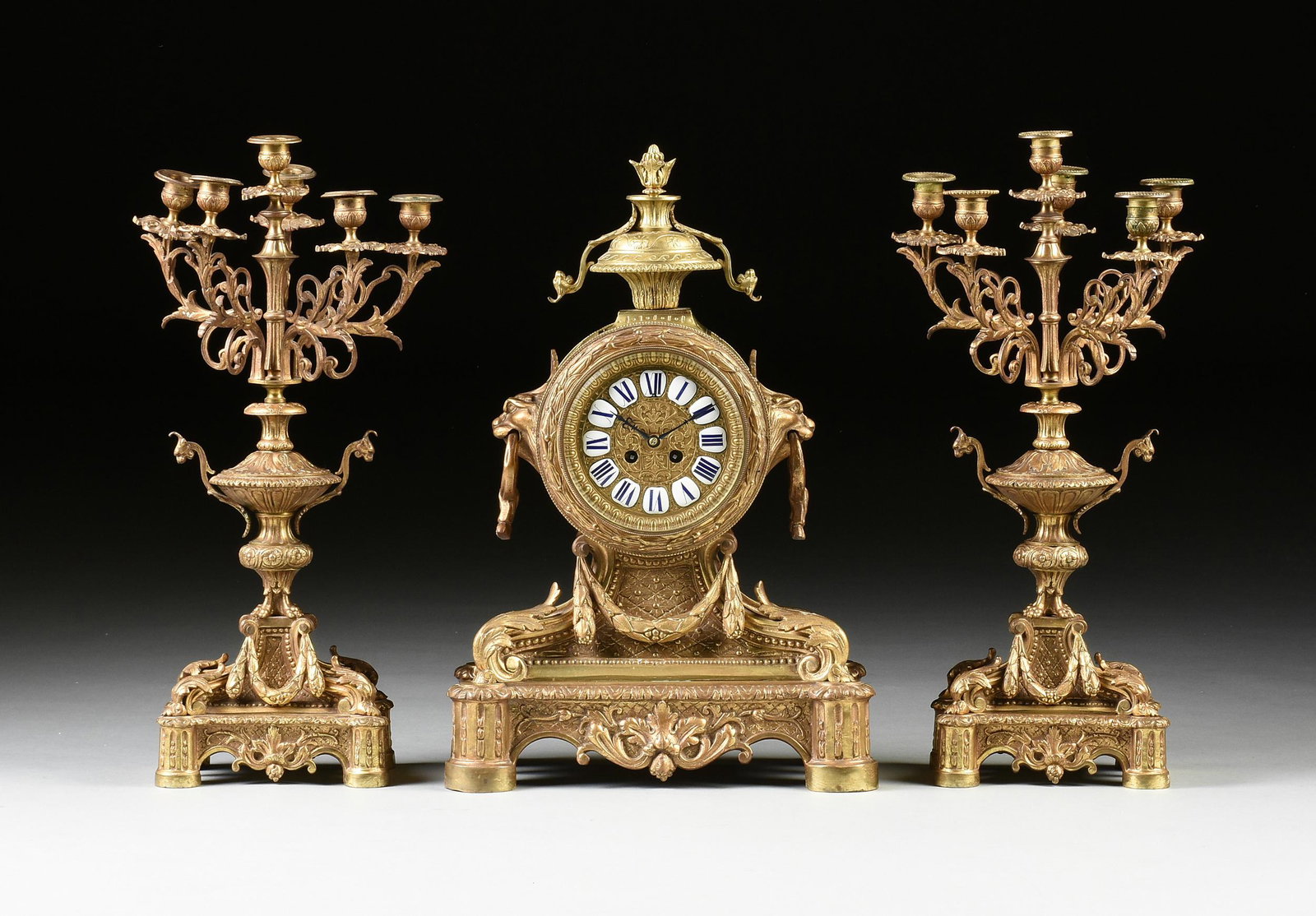 A THREE PIECE LOUIS XVI STYLE GILT BRONZE MANTLE CLOCK (1 of 18)
