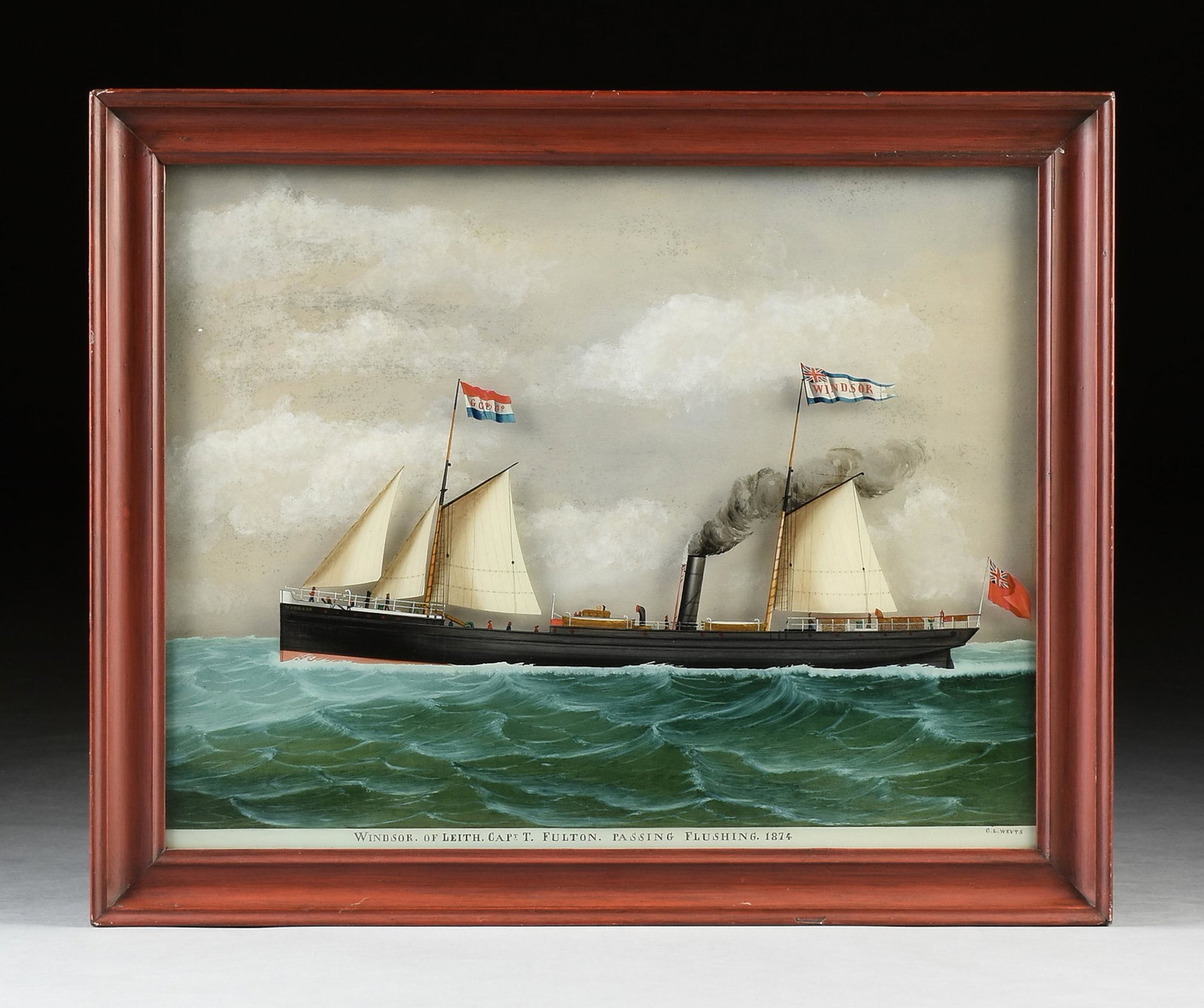 CAROLUS LUDOVICUS WEYTS (Dutch 1828-1875) A PAINTING,: CAROLUS LUDOVICUS WEYTS (Dutch 1828-1875) A PAINTING, "Windsor of Leith. Captain T. Fulton, Passing Flushing," CIRCA 1874, eglomise on glass with watercolor paper, signed, titled and dated in foregrou